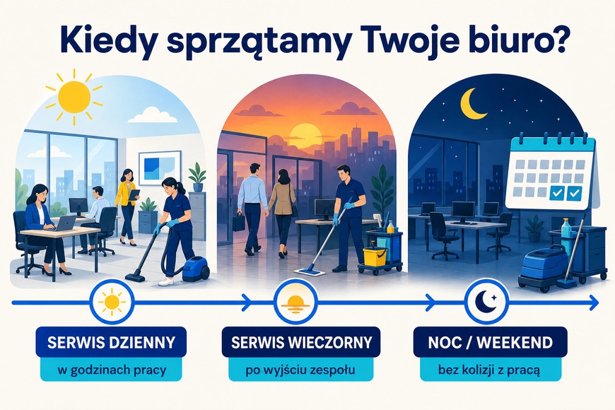 Kiedy sprzątamy biuro Trzy pory serwisu sprzątania biura: dzienny, wieczorny oraz nocny lub weekendowy