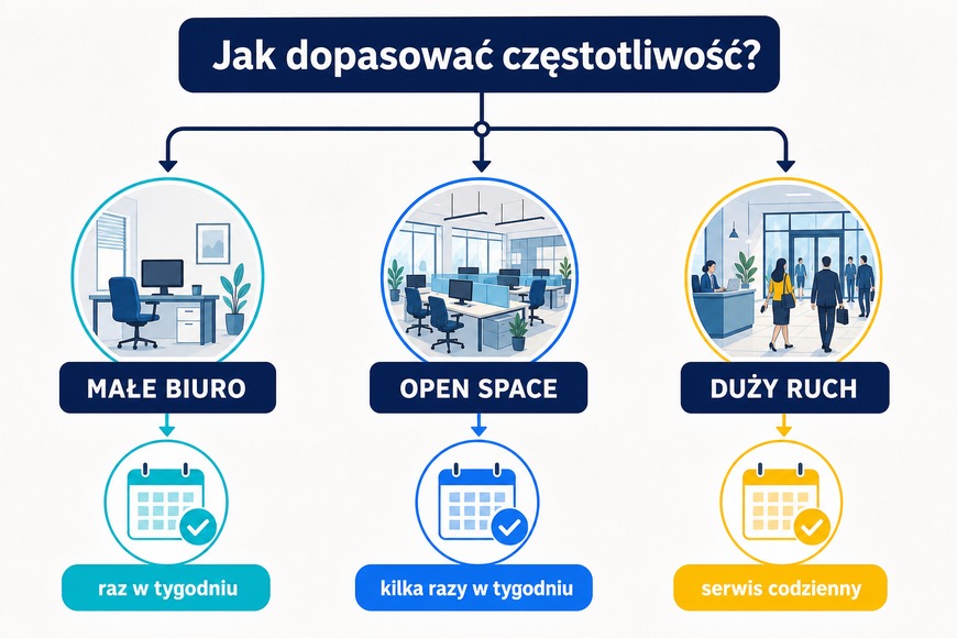 Jak dopasować częstotliwość sprzątania Dobór częstotliwości sprzątania do wielkości biura i natężenia ruchu