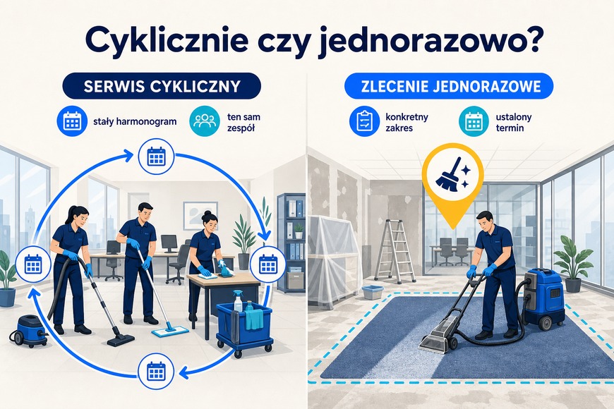 Serwis cykliczny czy zlecenie jednorazowe Porównanie cyklicznego serwisu sprzątania i zlecenia jednorazowego