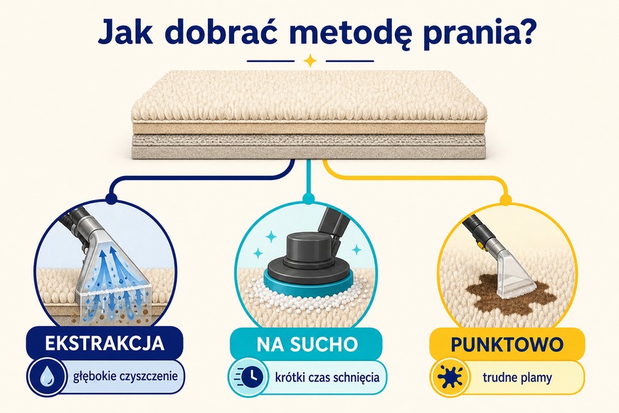 Dobór metody prania dywanu lub wykładziny: ekstrakcja, czyszczenie na sucho i usuwanie punktowe