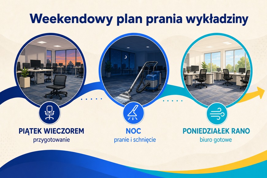 Weekendowy plan prania wykładziny Weekendowy harmonogram prania i schnięcia wykładziny biurowej