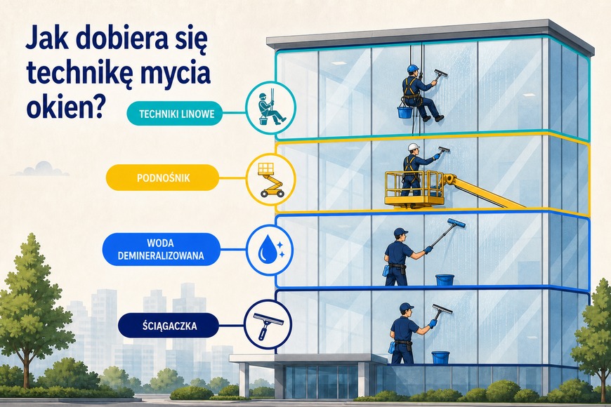 Jak dobiera się technikę mycia okien Techniki mycia okien dobierane do wysokości i dostępu do elewacji