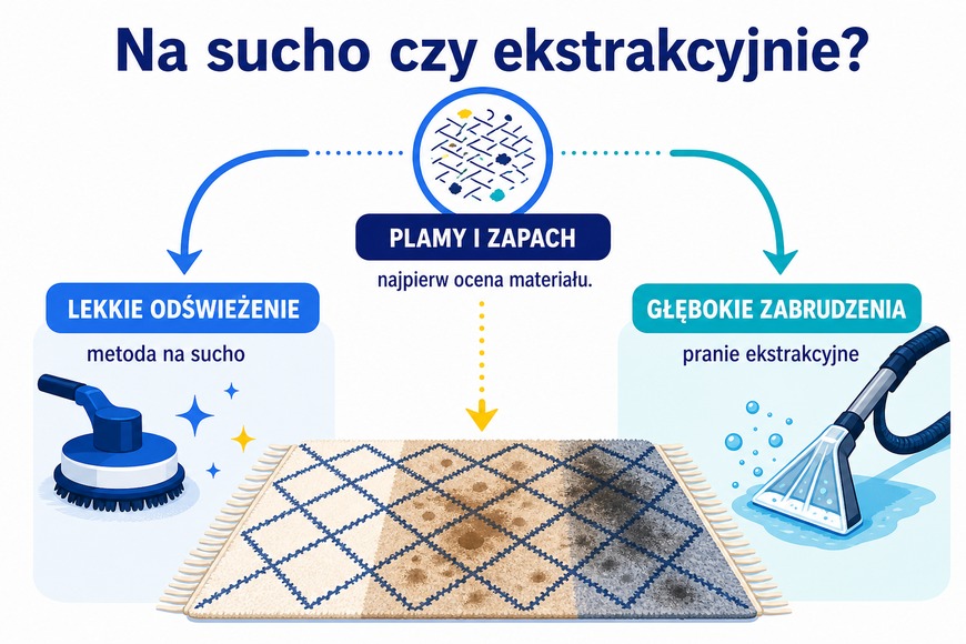 Na sucho czy ekstrakcyjnie Dobór metody na sucho lub prania ekstrakcyjnego do stanu dywanu