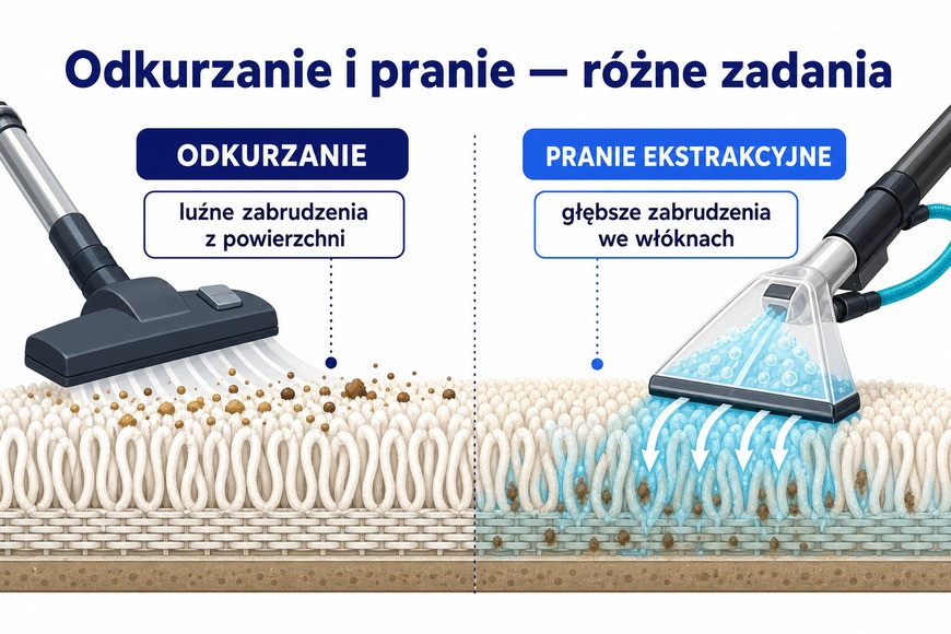 Różne zadania odkurzania i prania ekstrakcyjnego wykładziny