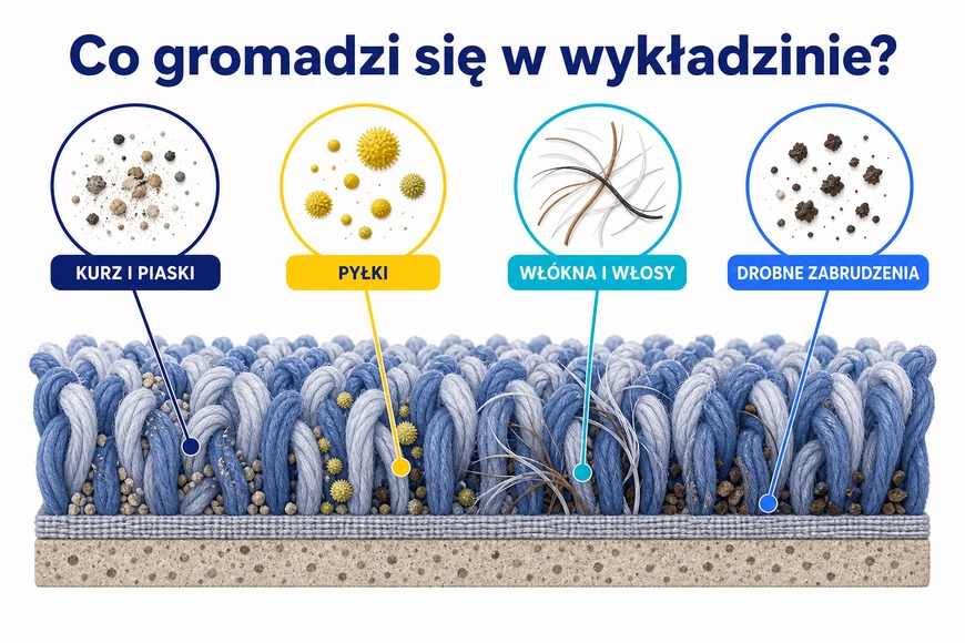 Rodzaje drobnych zabrudzeń gromadzących się w wykładzinie