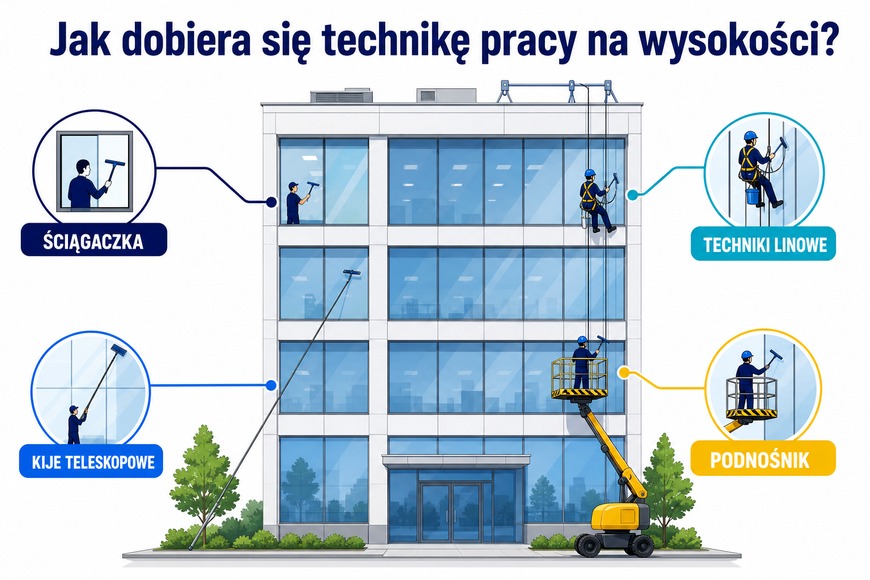 Jak dobiera się technikę pracy na wysokości Bezpieczny dobór techniki mycia okien do wysokości i dostępu